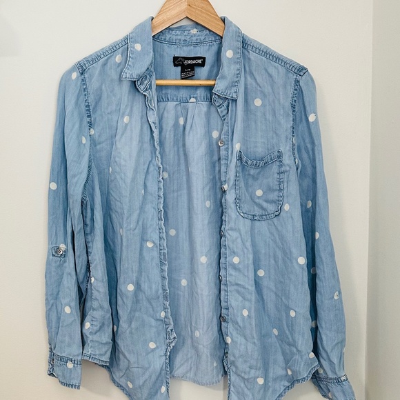 Jordache Long Sleeve Button Up Blouse Lyocell Light Blue White - Picture 3 of 7